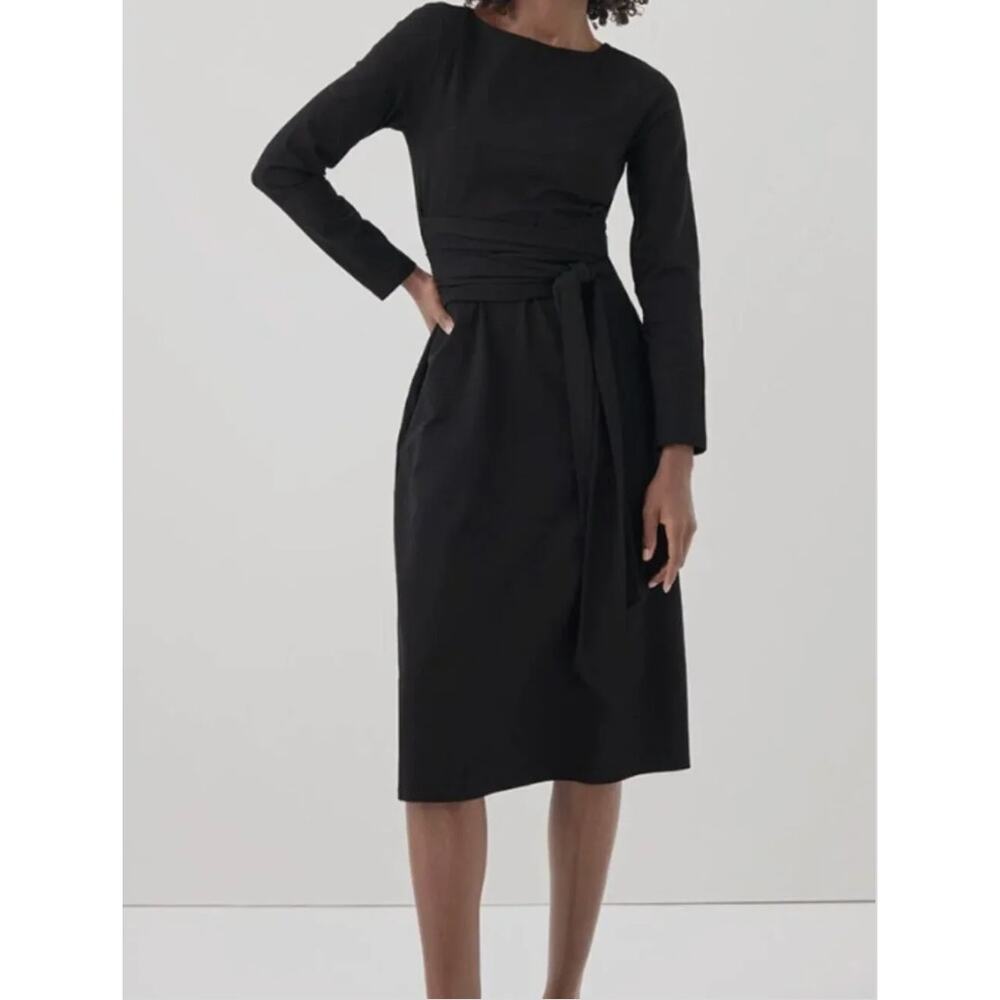 Pact Organic Fit & Flare Tie Wrap Dress Black Womens S Casual Minimalist Office